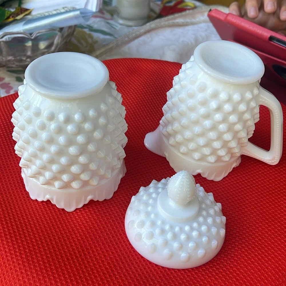 Fenton hobnail milk glass cream and sugar bowl with a lid( candy , cookie jar )